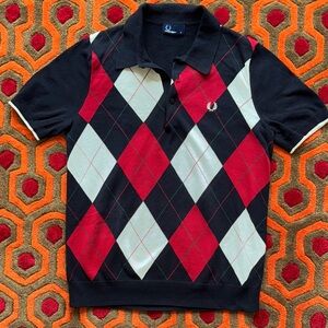 MAKE  OFFER! Fred Perry Argyle Polo Knit Sweater Shirt Men's Med